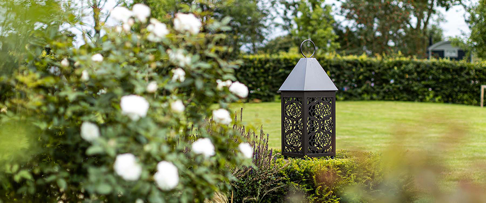 Image of a wrought iron lamp in a green garden with white roses in the foreground.