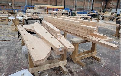 Modular parts of the 60-ft timber pergola under construction at ConstruktCLT Ltd
